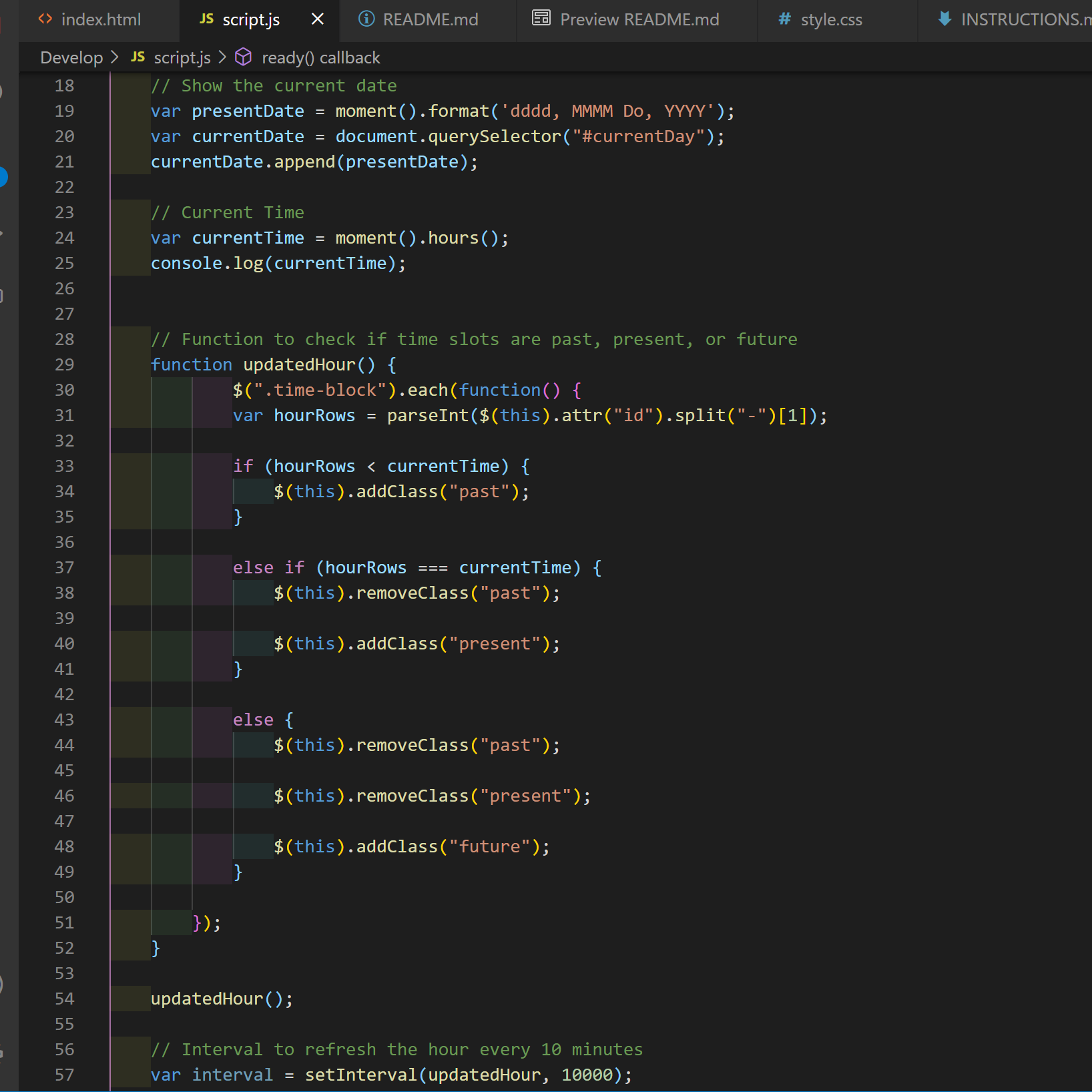 The javascript code used to show the current date on the page and console log the current hour. Also a function to check if the timeslots against the actual time